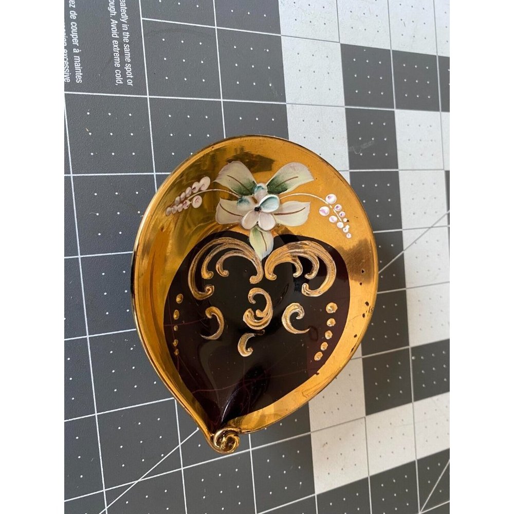 Bohemian Vintage Hand Painted Flower Amethyst and Gold Trinket Dish